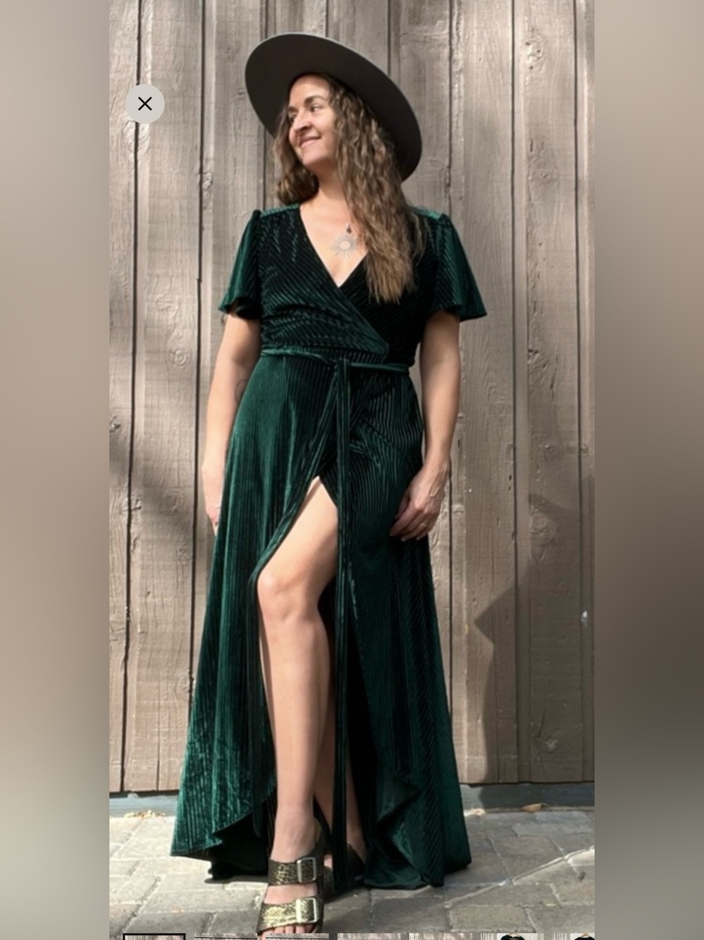 Green Velvet Wrap Midi Dress with Flutter Sleeves